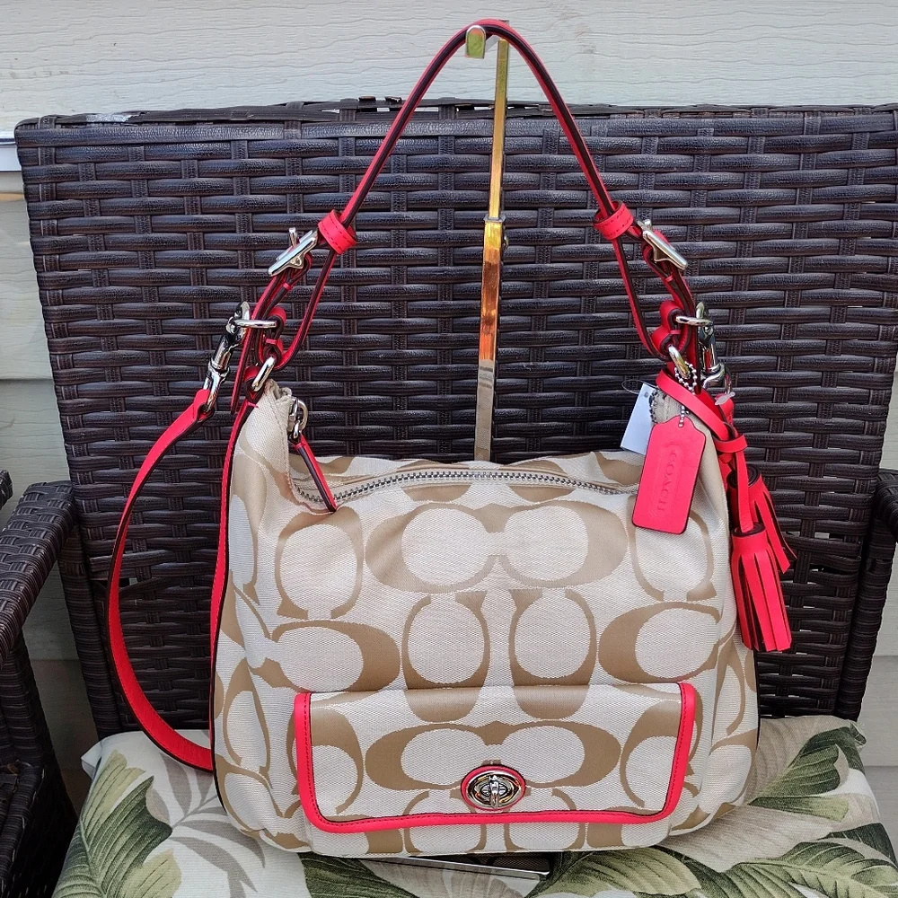 NWT Coach Legacy Signature Courtney Hobo Bag Khaki and Coral Style #22392